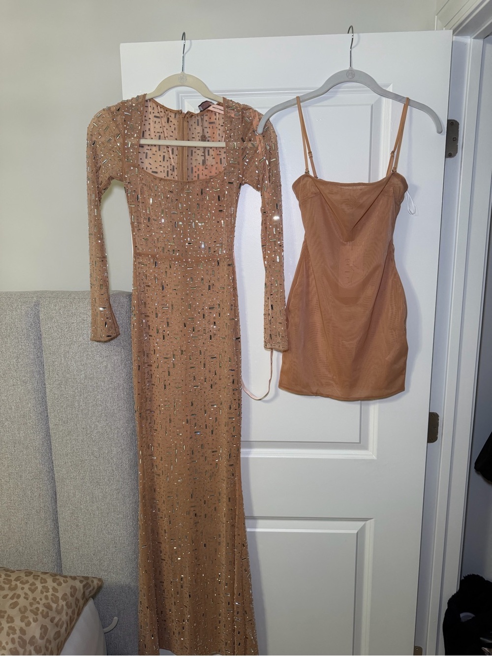 OH POLLY Beaded Long Sleeve Evening Gown and Slip Dress Set - Tan